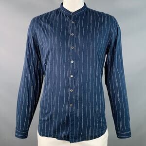 JOHN VARVATOS  L Navy Grey Wavy Lines Cotton Blend Collarless Long Sleeve Shirt